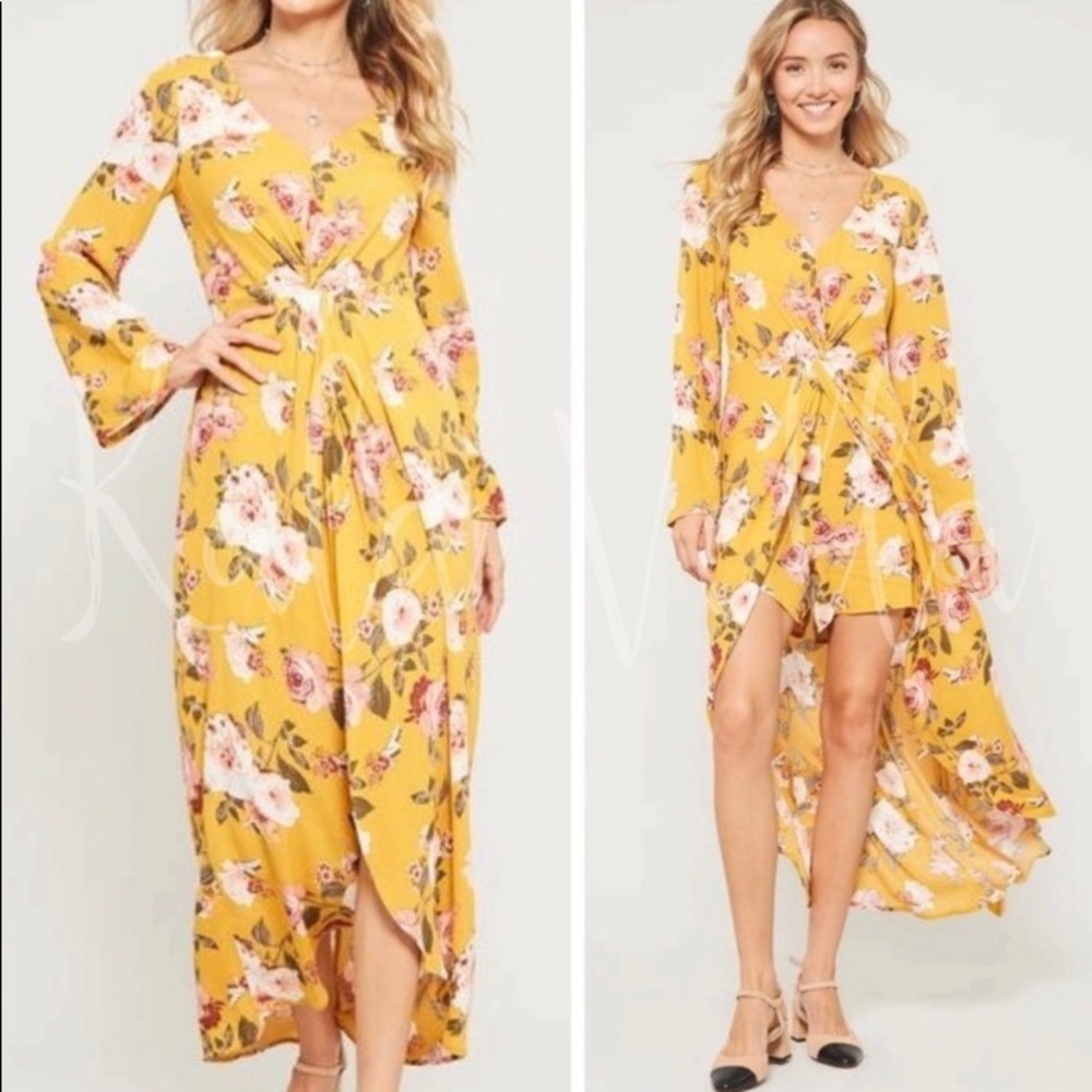 Yellow rose floral maxi dress romper